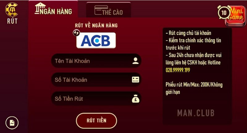 Hướng dẫn rút tiền từ game bài Man Club
